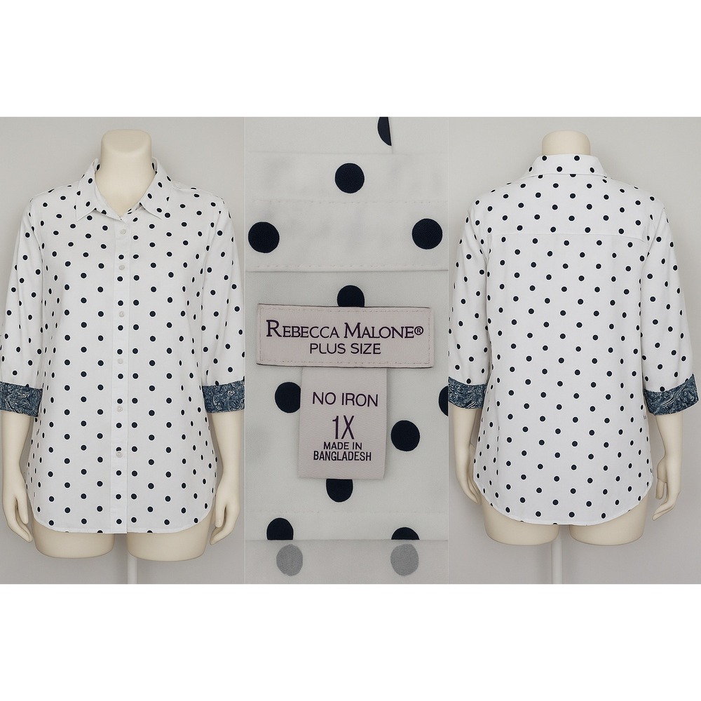 Rebecca Malone‎ 1X Blouse Shirt Sleeves  w/Flip Up Cuffs Polka Dots Preppy retro